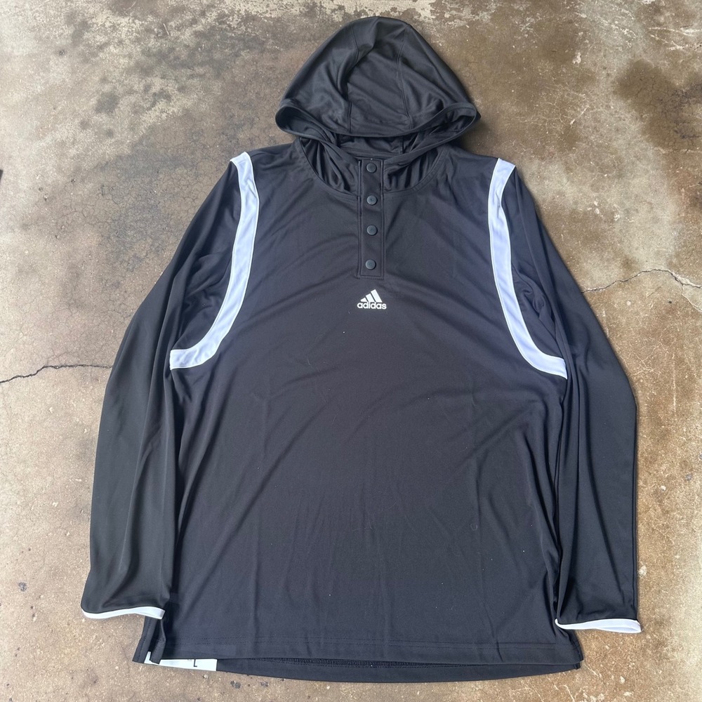 Adidas Hoodie Mens Large Black Excellent Henley Snap Athletic Pullover Top